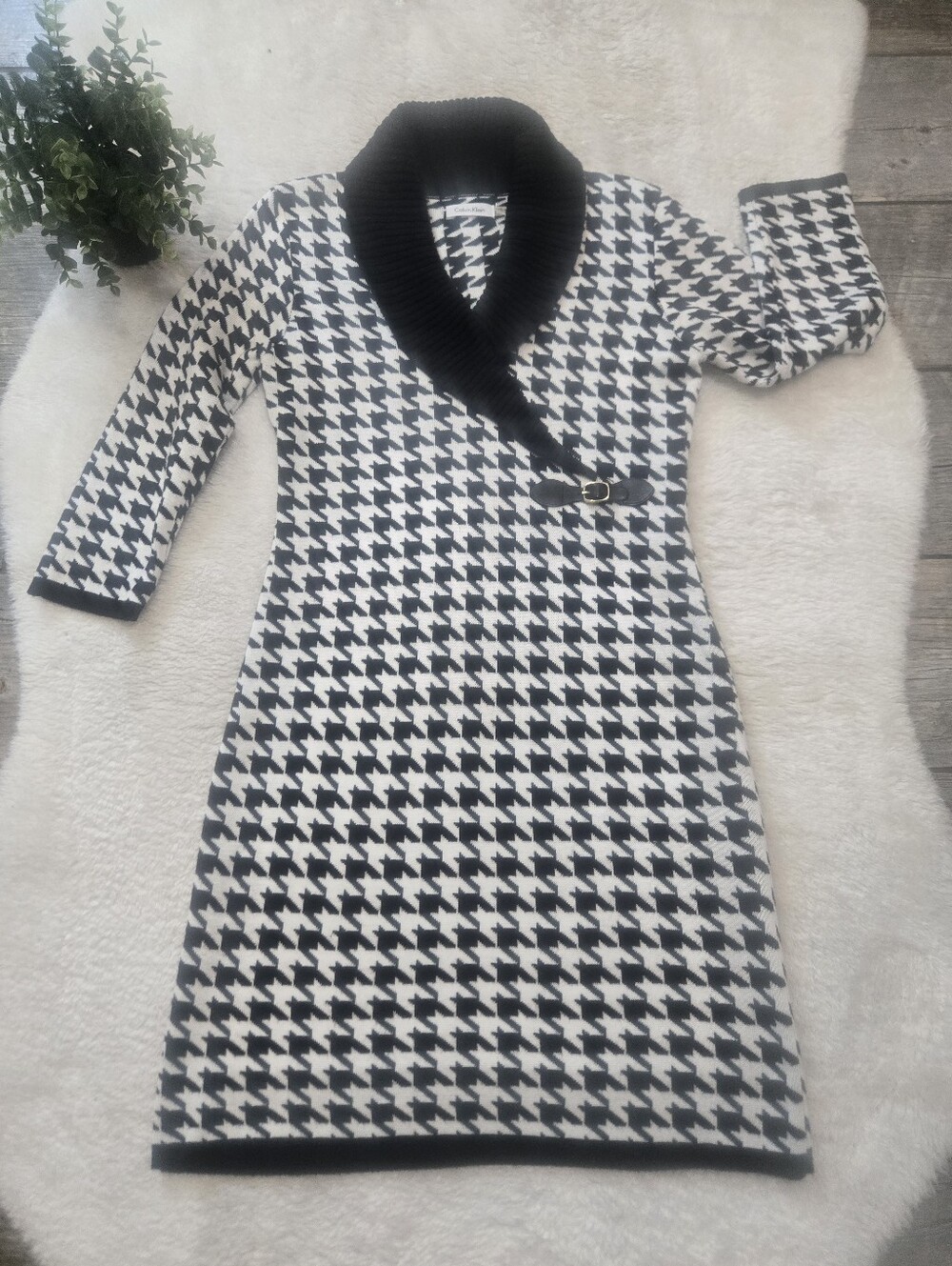Calvin Klein Black & White Houndstooth Classic Office Knit Sweater Dress, M
